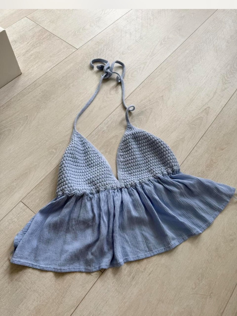 Garage Light Blue Crochet Halter Ruffle Crop Top